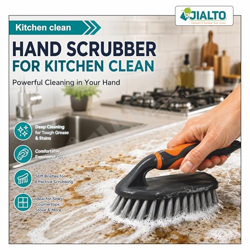 Image of JIALTO Heavy Duty Hand Scrub Brush for Bathroom & Kitchen Cleaning, Ergonomic Non-Slip Handle, Hard Bristle Cleaning Brush for Tiles, Sink, Floor, Grout, Wash Basin & Household Deep Cleaning