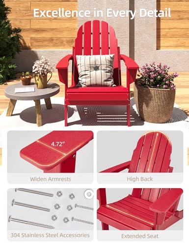 Folding Adirondack Chair - Durable HDPE Poly Lumber All-Weather Resistant, Foldable Oversized Balcony Porch Patio Outdoor Chair for Lawn, Backyard, Deck, Garden, Camping - Easy Installation, Red