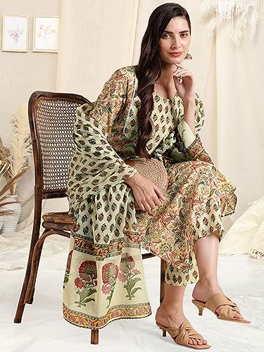 Image of MIRCHI FASHION Women's Straight Fit Pure Cotton Printed Kurta Set with Dupatta and Trouser