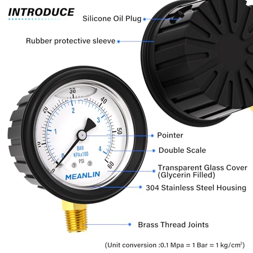Image of MEANLIN MEASURE 0~60Psi Stainless Steel Liquid Filled Pressure Gauge 1 /4 inch NPT 2.5 inch FACE DIAL with Rubber Protective Sleeve, Lower Mount