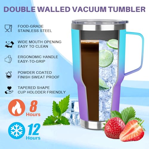 Image of 30 oz Tumbler with Handle, Stainless Steel Insulated Tumbler with Lid and Straw, Double Wall Vacuum Insulated Coffee Mug Tumbler, Insulated Coffee Thermal Cup for Cold and Hot (Blue Purple)