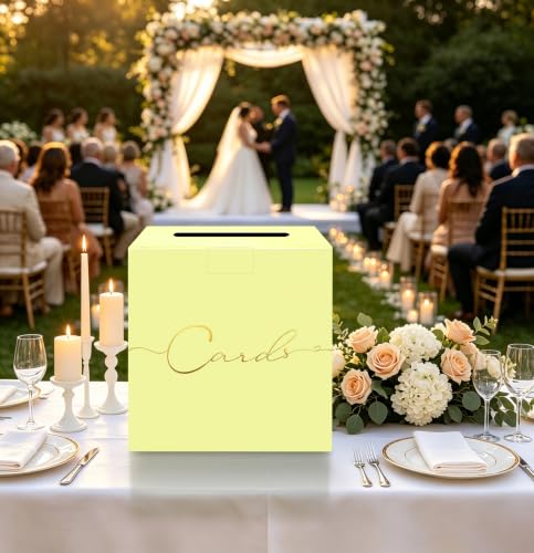 Image of HEIPINIUYE Yellow Wedding Card Box with Gold Foil 9.8 inch x 9.8 inch Yellow Large Gift Card Box for Party Wedding Reception Graduation Birthday Baby Shower Cardboard Raffle Envelope Box with Slot