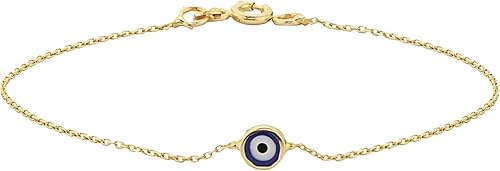 Pulsera de oro amarillo sólido de 14 quilates para mujer | Pulsera de protección nazar turca de la suerte buena suerte delicada azul marino o