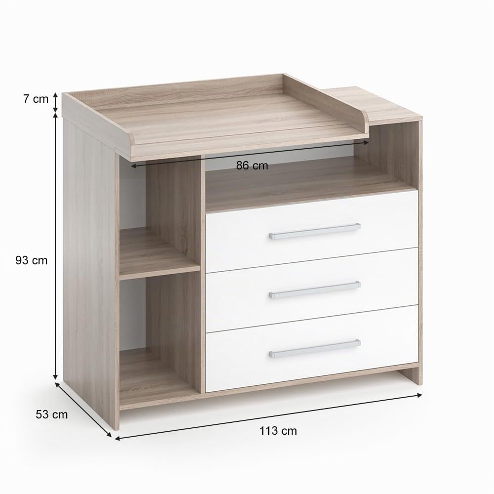 Vicco Cómoda Cambiador Oskar, Blanco/Sonoma, 113 x 100 cm, Convertible en cómoda Gracias al Cambiador extraíble