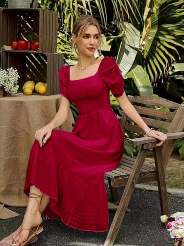 Image of Shreyam Girl's & Women's Solid A-Line Ruched Puff Sleeve Maxi Long Evening One Piece Long Dress for Women Stylish