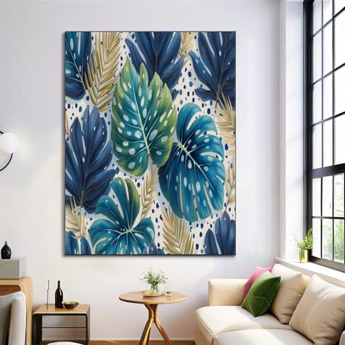 Arte mural en lienzo de azul marino con impresión botánica de monstera