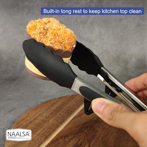 Image of NAALSA FLEXITONG Silicone Food Tongs for Kitchen, Barbeque and Serving - 9 inch - 1 Year Warranty - FDA Approved Silicone, 315C Heat-Resistant, Salad Tong, Serving Tong, BBQ Tong - Black