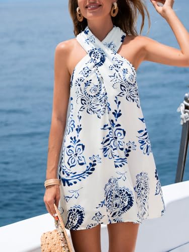 Image of CUPSHE Women's Paisley Mini Dresses Sleeveless Summer Criss Cross Halter Short Beach Cover Up Dress