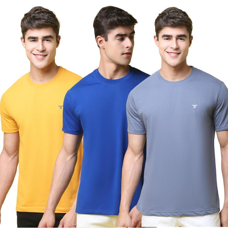 Image of Pinkmint Men's Combo Cotton Blend T-Shirt ll Soild Round Neck T-Shirt ll Stylish Half Sleeve T-Shirt's ll Gym Wear (Pack of 3)