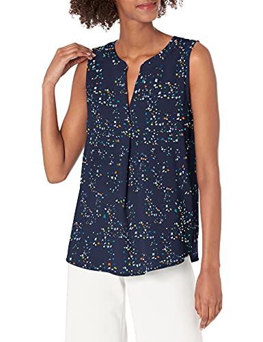 TRES JOLIE Women's Abby Pleat Front V-Neck Woven Sleeveless Top, Navy Combo, Large