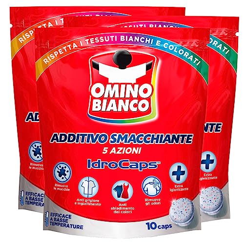 Omino Bianco - Additif Détachant Machine à laver 5 Actions en 1 Hydrocaps, Capsules hydrosolubles pour lessive, Détachant Désinfectant, 3 Paquets x 10 Caps