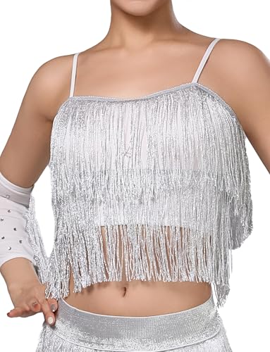SEAUR Adjustable Strap Fringed Top Tassel Dance Costume Sparkly Festival Outfit Latin Fringe Cami Concert White S