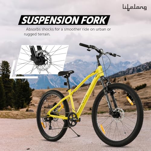 Image of Lifelong Gear Cycle for Men & Women MTB 26T with Dual Disc Brake - MultiSpeed 7-Gear Bicycle - Front Suspension Fork - Mountain Bike Ideal for 15 Years + Adults Upto Height 5 ft 5 inches (Yellow)