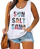 Plus Size Sun Salt Sand Coconut Tree Tank Tops Women Sleeveless Beach Praty T-Shirt Summer Hawaiian Holiday Tank Tops(White，3X-Large)