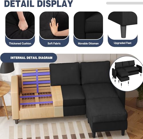 Shintenchi Modern Upholstered Sectional Sofa, L-Shaped Couch with Reversible Chaise for Living Room, Black Corduroy Fabric - Image 5