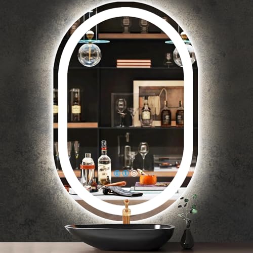 THEKLA Oval LED Lighted Mirror for Bathroom Wall Mounted Horizontal/Vertical 800 x 500mm Oval Light up Vanity Mirror with Lights 80cm Anti-Fog Dimmable 3 Color Smart Touch Memory Function Front Lights