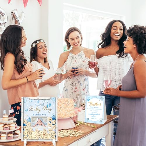 Image of Beeveer 65 Pcs Baby Shower Guest Book Alternatives for Boy Blue Baby Shower Sign in Guest Book with Picture Frame and 60 Wooden Heart Chip and Blue Signature Board Keepsake Gifts