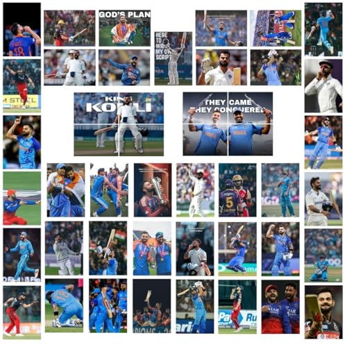 Image of Virat Kohli Poster (Set of 48) | King of Cricket Virat Posters (15 x10 cm) | Wall, Bedroom, Living room | Cricket Posters | World Cup | RCB | Glue Dots Included
