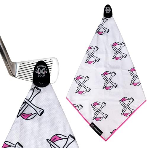 Double-D Golf Magnetic Towel – 29” Waffle Microfiber Golf Towel with Removable High-Strength Magnet, 10% Profit Donation, Ultra Absorbent, Quick-Dry, Durable Cleaning for Clubs and Balls (White/Pink)