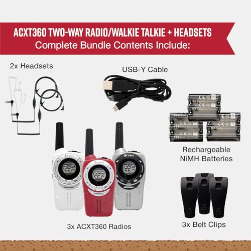 Image of Cobra ACXT360 Water Resistant Walkie Talkies for Adults & Compatible Cobra Surveillance Headset: Rechargeable, 22 Channels, Long-Range, 3 Two-Way Radios, 2 Headsets, White, Silver and Red