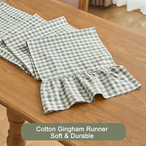 Kisswish Gingham Plaid Ruffle Table Runner, 13 x 108 Inch, 100% Washed Cotton Double Layer Farmhouse Table Runner for Dining Table, Holiday, Wedding, Party & Everyday Decor, Sage Green by kisswish - Used condition - Image 8