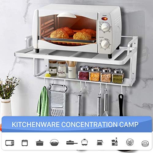 Microwave Shelf wall mounted Microwave Oven Shelf Space Aluminum Double Layers Hanging Microwave Oven Rack Wall Mounted Kitchen Shelf with 10 Hooks, Silver