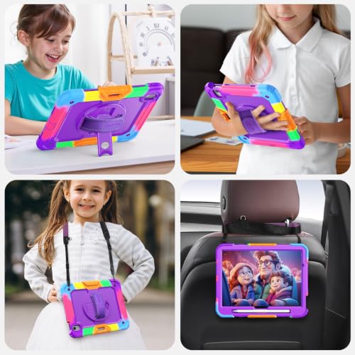 Image of SEYMAC Case for iPad Air 11 Inch M4 /M3 /M2 for Kids, Colorful Purple | Heavy Duty Shockproof Protective, Built-in Screen Protector, 360 Rotating Stand, Hand /Shoulder Strap, Pencil Holder