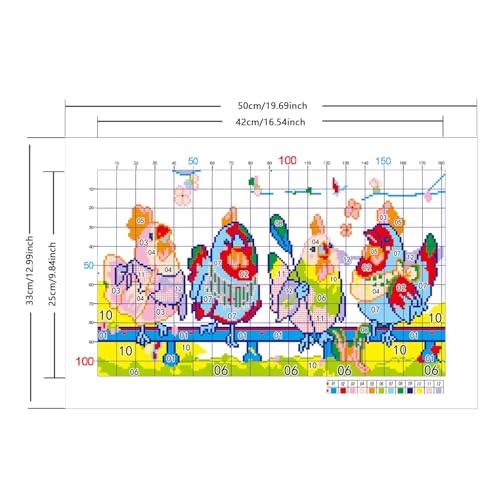 Image of Zhenqing Knitting Chickens Stamped Cross Stitch Kit, 11CT Printed Pattern on White Cotton Fabric, Farmhouse Chicken Decor | For Adults and Beginners, White 11CT Cotton Fabric, DIY Farmhouse Chicken Needlework, 50 x 33cm, 66313