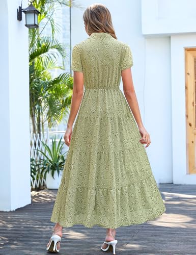 Image of Kranda Women 2026 Summer Collared V Neck Short Sleeve Button Down Chiffon Long Tiered Floral Maxi Dress with Pockets