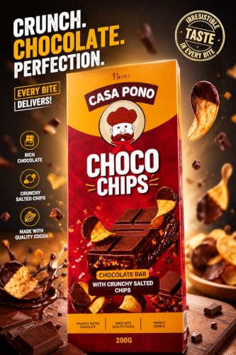 Image of Casa Pono Choco Chips Chocolate Bar with Crunchy Salted Potato Chips | Premium Milk Chocolate | Crispy & Crunchy Snack | Imported from UAE | 200g