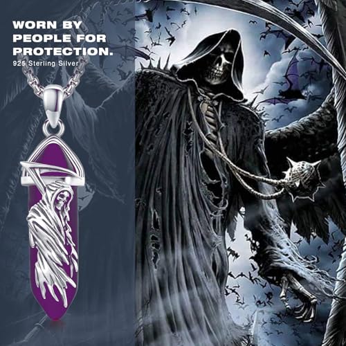 Black Obsidian Santa Muerte Necklace 925 Sterling Silver Grim Reaper Pendant Healing Crystal Point Skull Holy Death Necklace Amulet Protection Jewelry for Men Women2