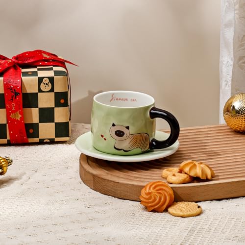 Taza con ilustración de gato verde de cerámica miniatura 3