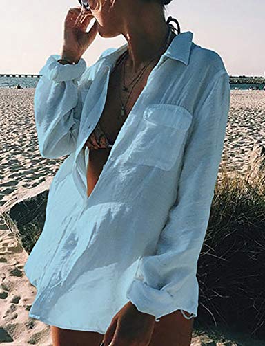 Image of Bsubseach Women Long Sleeve Beach Shirt Blouses Bathing Suit Cover Up Button Down Collar
