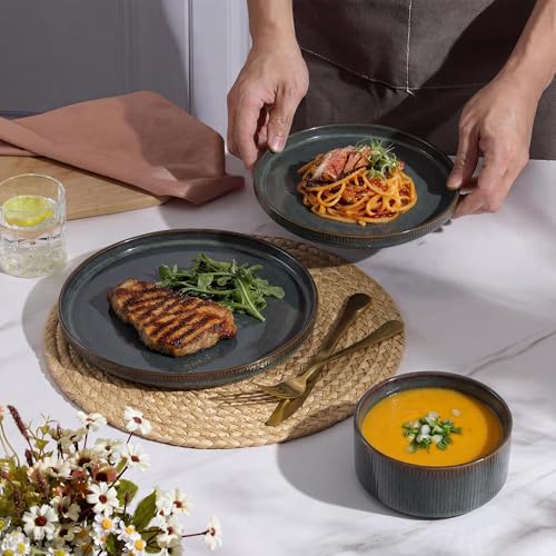 Image of E-far Stoneware Dinnerware Sets for 2, 6-Piece Plates and Bowls Sets, Chip & Scratch Resistant Ribbed Dish Set for Home Restaurant, Microwave & Dishwasher Safe, Blackish Green
