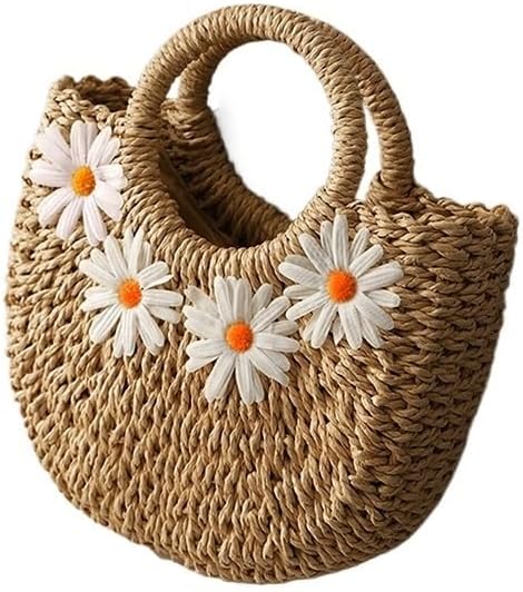 Fashion Hand-Woven Straw Beach Bags Women Handmade Moon Basket Shoulder Bag Summer Travel Crossbody Bags Handbags For Summer Travel(Khaki 4daisy)
