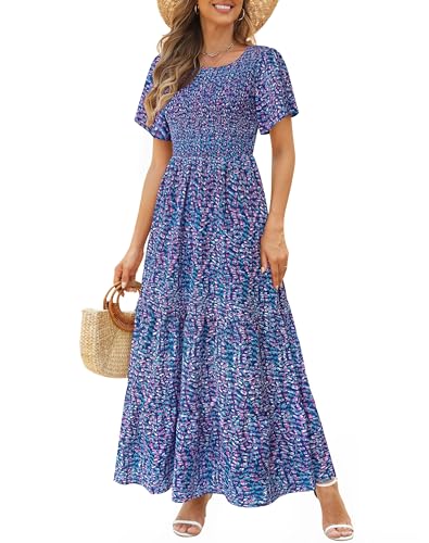 Image of Kranda Women 2025 Summer Fall Crewneck Short Sleeve Smocked Floral Maxi Dress