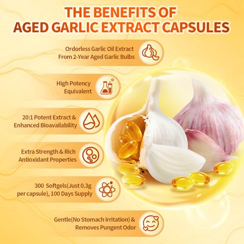 Image of VivoNu Aged Garlic Extract Capsules, 300 Softgels, Odorless, Gluten Free | Odorless 24-month aged garlic softgels with Mag, Chromium, B1 & B9. Non-GMO, 100-day supply for holistic wellness.