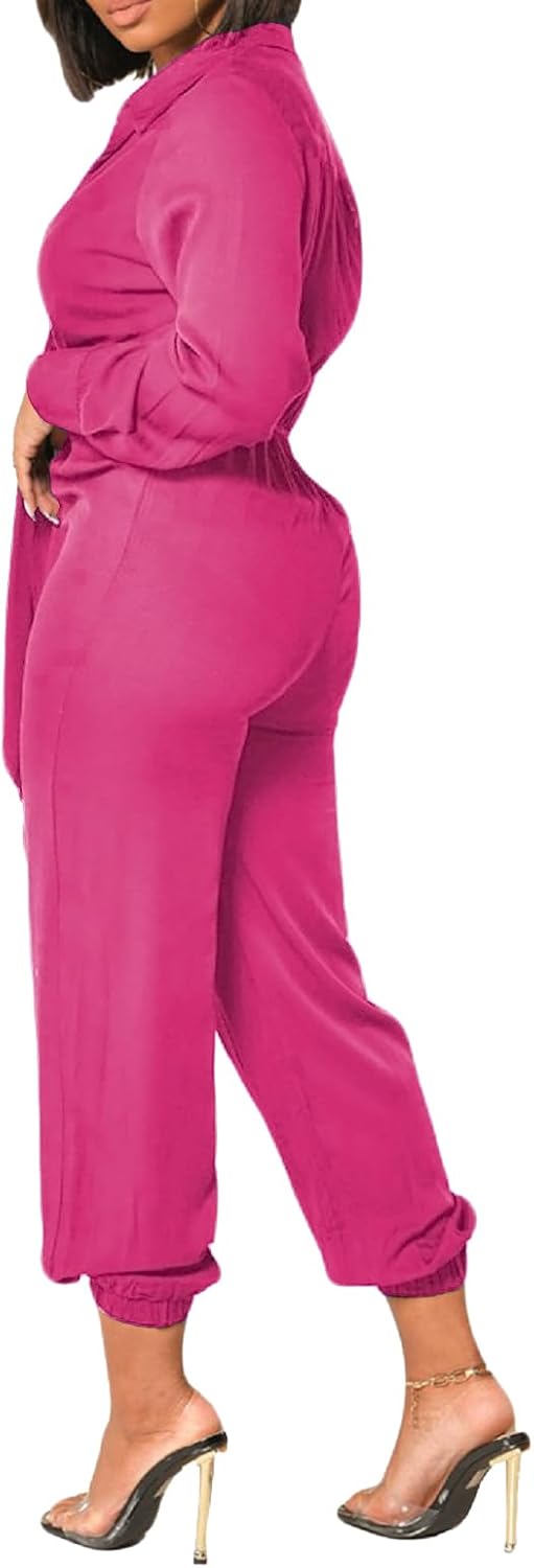 Xinlees Women's Elegant Jumpsuit Casual Long Sleeve Solid Straight Trousers Business Romper Stretchy Ankle Cuffs - Image 2