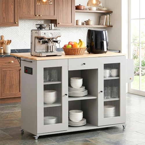 Image of Rocco Walky Kitchen Island Storage Cabinet with Wheels, Solid Rubber Wood Top, Fluted Acrylic Doors, Built-in Power Sockets & LED Lights, Soft-Close Hinges & Side Organizer (Grey, Large & Extendable)