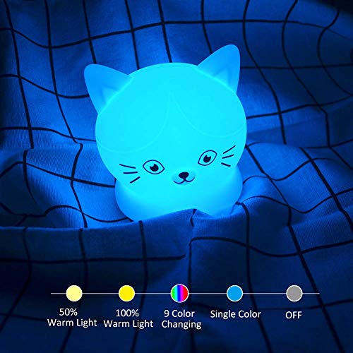 Image of Cat Night Light, Rechargeable LED Bedside Lamp for Children, 9 Changeable Colors Silicone Nursery Lamp for Breastfeeding, Eyes Caring, Tap Adjustable Brightness & Color, Remote Control