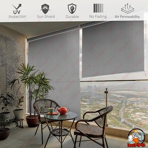 Image of HIPPO 180 GSM HDPE Outdoor Balcony Roller Blind, UV & Dust Protection Corded Roll Up and Down Light Filtering Blinds for Garden (Charcoal-Grey, 4FTX7FT)