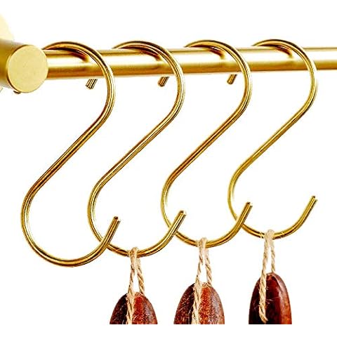 FuncDEme Brass S Hook, Gold Hook, S-Shaped Hook, Suitable for Bathroom, Closet, Kitchen, Flower Basket, Outdoor S-Shaped Hook, S-Shaped Brass Hook Recommended by WongWin. 4 Pieces Cover