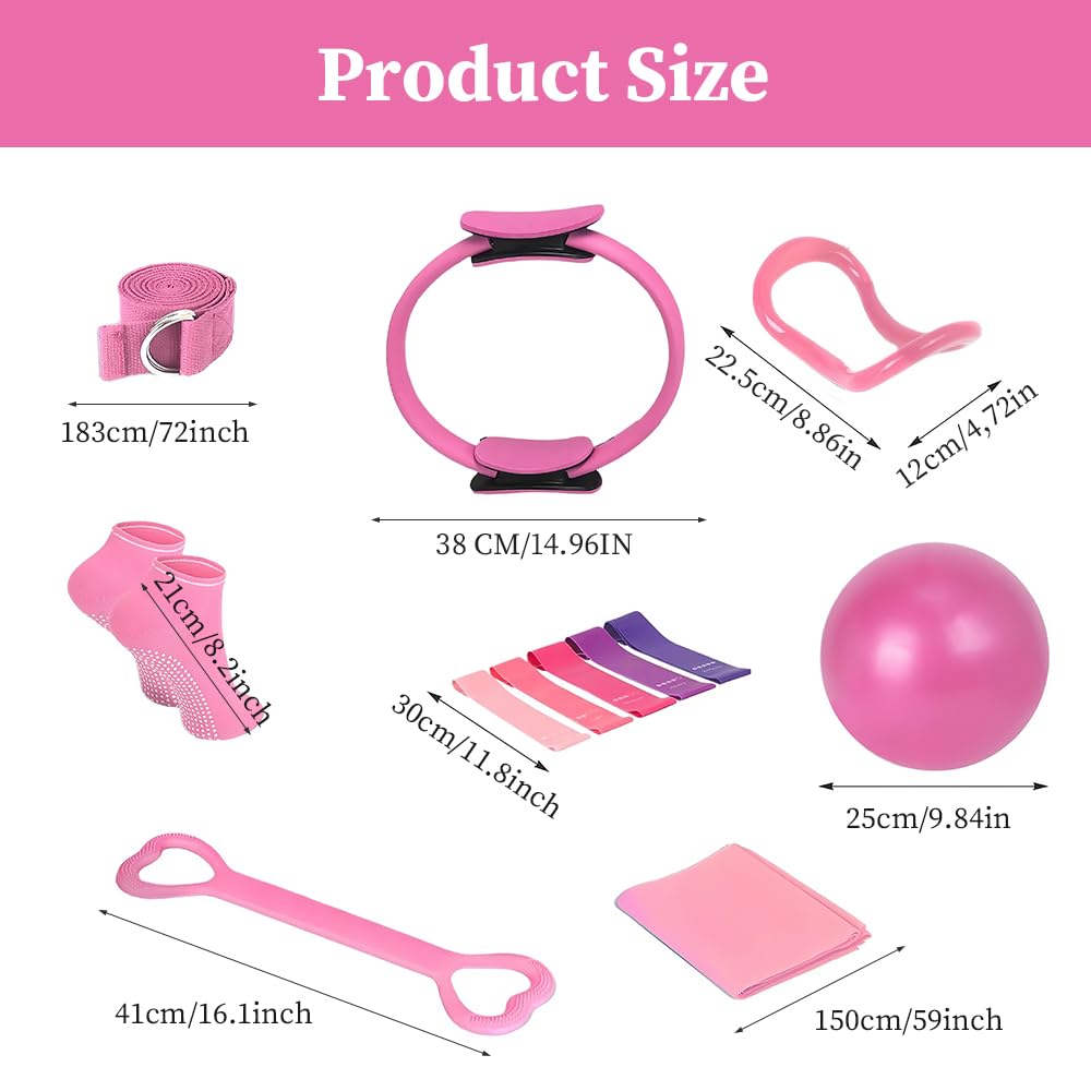 Pilates Set, 11 Teilige Pilates Zubehör, Yoga Set Mit Yoga Gurt Widerstandsring, Pilatesball, Stärken des Rumpfes Und Fitness, Für Bauch Beine Po Heimtraining Und Studio-Workout