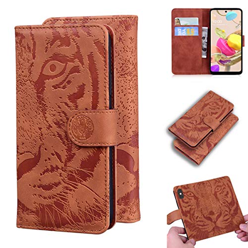 LMFULM® Étui pour LG K42 K420 (6,6 Pouces) PU Magnétique Pochette Cuir Housse Tigre Impression Rabattable Case Stent Fonction Marron