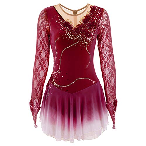 ZYDANC Lace Figure Skating Performance Suit Diamond Ballet One Piece Outfit Gymnastic Leotard Ice Skating Dress,C,12 Years