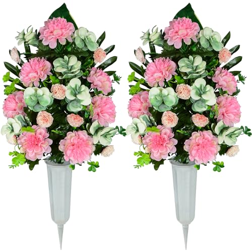 AOFOX Artificial Cemetery Flowers - Bulbous Chrysanthemum Greenery Bouquet for Grave Decoration, Set of 2 Spring Memorial Flowers with Vase (Pink)