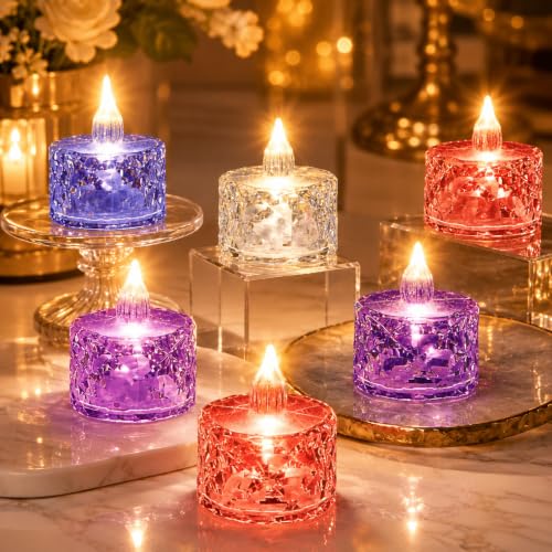 Image of VERVENIX Crystal LED Tea Light Candles | Flameless Smokeless Decorative Crystal Candles for Diwali, Festival, Wedding, Christmas & Home Decoration (Multicolor-Pack of 6)