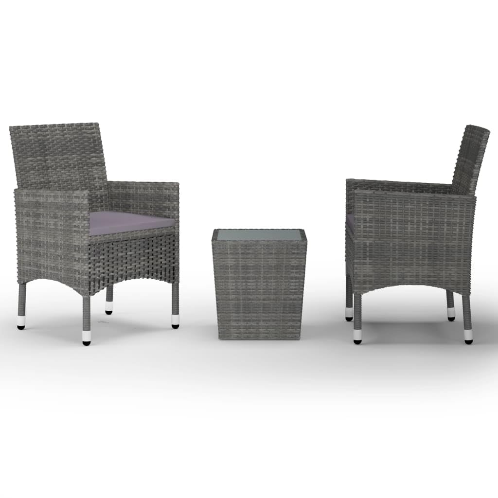 Set da bistrot 3 pezzi in polyrattan grigio con tavolo in vetro temperato, telaio in acciaio verniciato a polvere, sedie da giardino ergonomiche, mobili da balcone, resistente alle