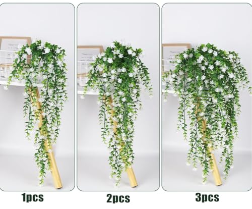 Image of VRB Dec 2 Pcs Artificial Dry Baby's Breath Greenery Hanging Plants Vines Fake Ivy Hanging Flowers Vine Wall Hanging for Home Decor,Wall,Balcony Decoration. (2, White Euclyptus Fern Hanging)