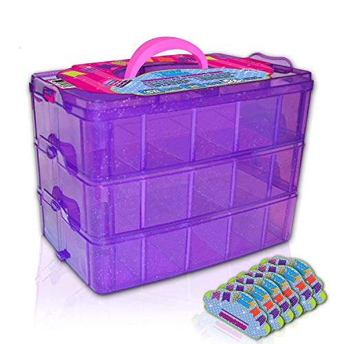 Holds 600 - Tiny Toy Box Storage Case LoL Dolls Organizer Container - Stackable Collectors Carrying Tote Compatible W/ Mini Colleggtibles Fash'ems Hot Wheels (Purple Sparkle/Pink)